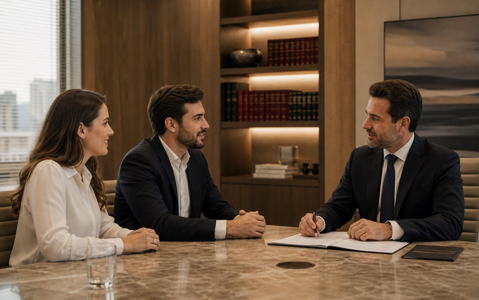 Advogado conversando com casal cliente em reuniao executiva