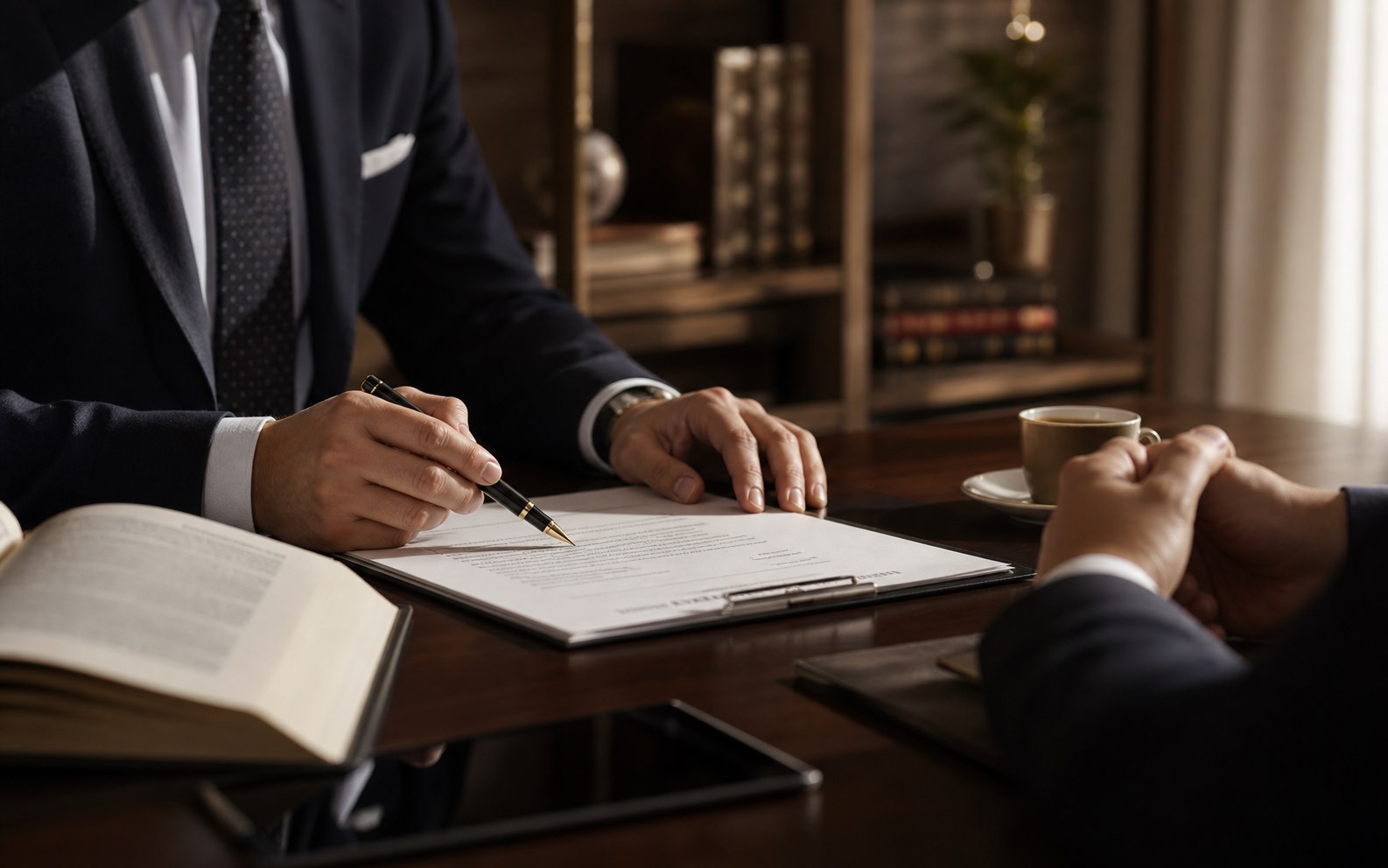 Detalhe de analise contratual com caneta e documentos sobre mesa escura