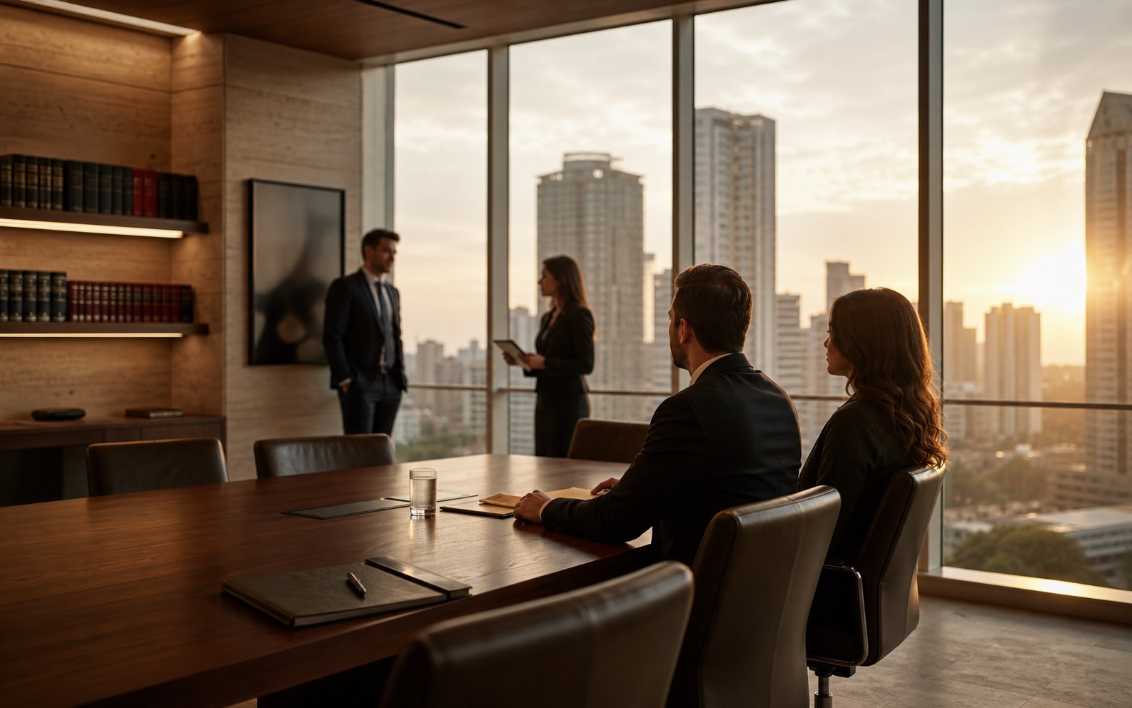 Sala de reuniao corporativa com vista para a cidade ao entardecer