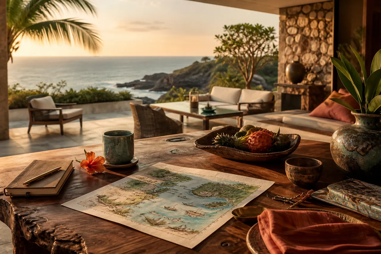 Mesa de concierge com mapa, ceramicas e vista para o mar